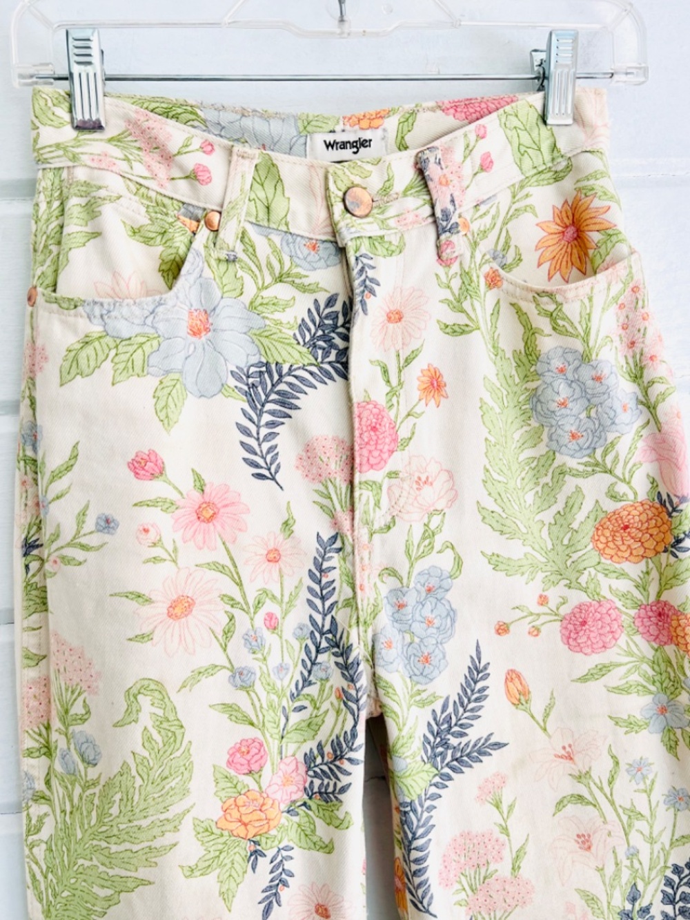 Wrangler Floral Wide Leg Jeans in Cream, Green, Pink - Picture 4 of 12